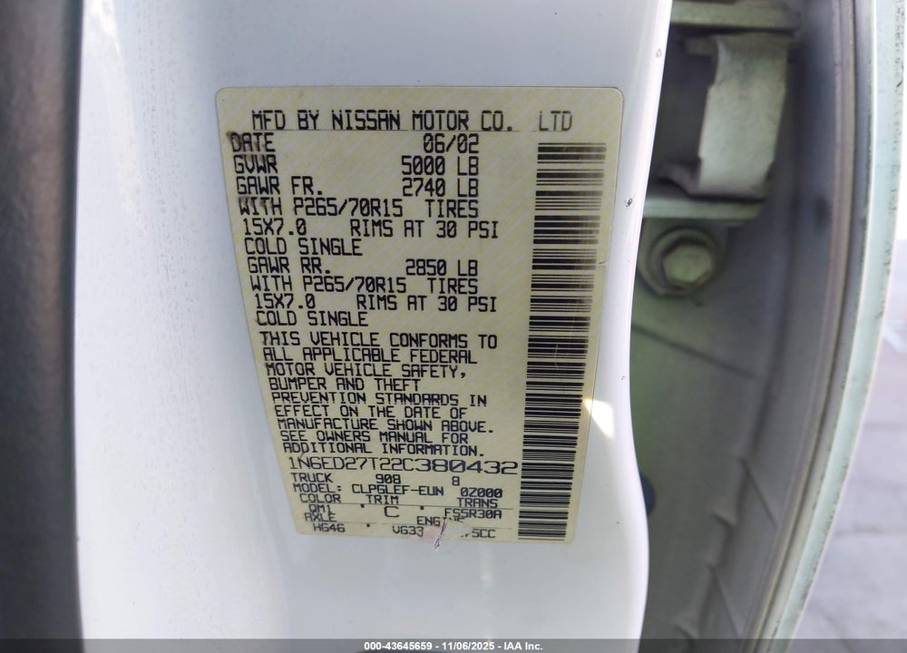 2002 NISSAN FRONTIER XE-V6 VIN: 1N6ED27T22C380432