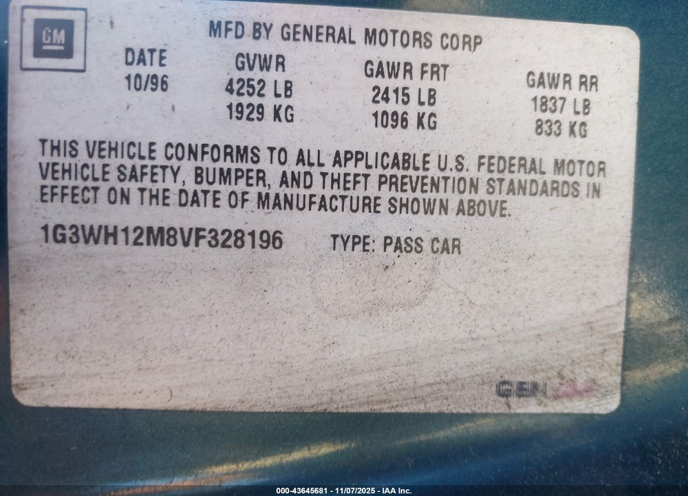 1997 OLDSMOBILE CUTLASS SUPREME SERIES I VIN: 1G3WH12M8VF328196