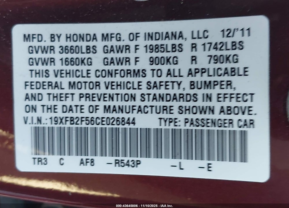 2012 HONDA CIVIC VIN: 19XFB2F56CE026844