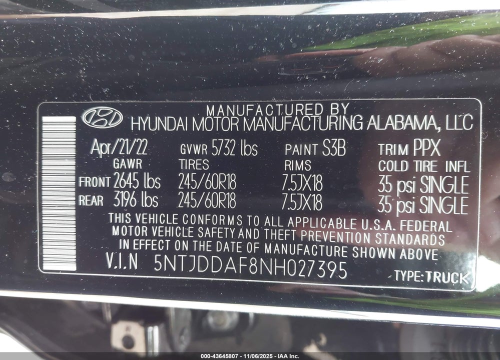 2022 HYUNDAI SANTA CRUZ SEL PREMIUM VIN: 5NTJDDAF8NH027395