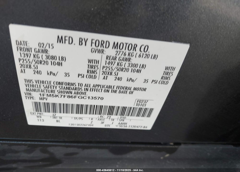 2015 FORD EXPLORER LIMITED VIN: 1FM5K7F86FGC13570