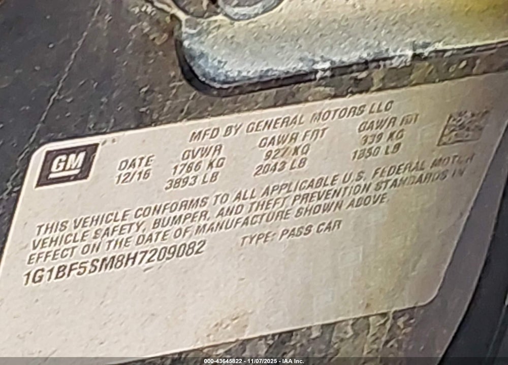2017 CHEVROLET CRUZE PREMIER AUTO VIN: 1G1BF5SM8H7209082