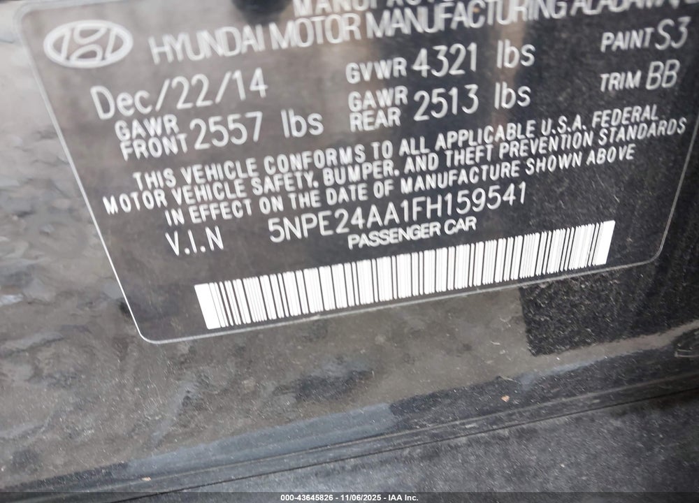 2015 HYUNDAI SONATA VIN: 5NPE24AA1FH159541