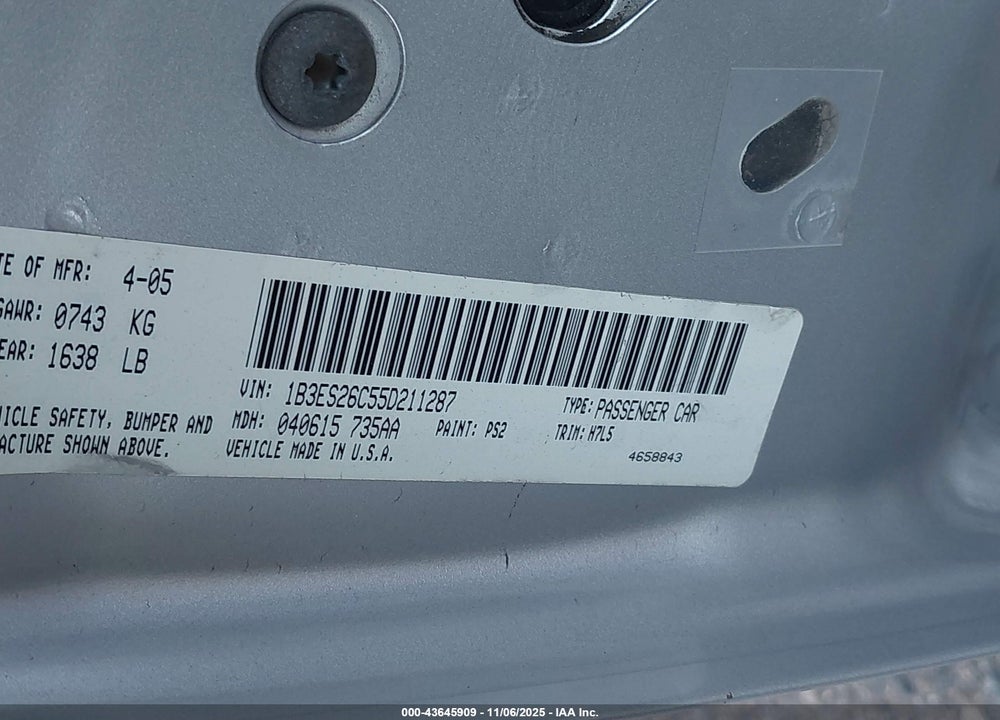 2005 DODGE NEON SE VIN: 1B3ES26C55D211287