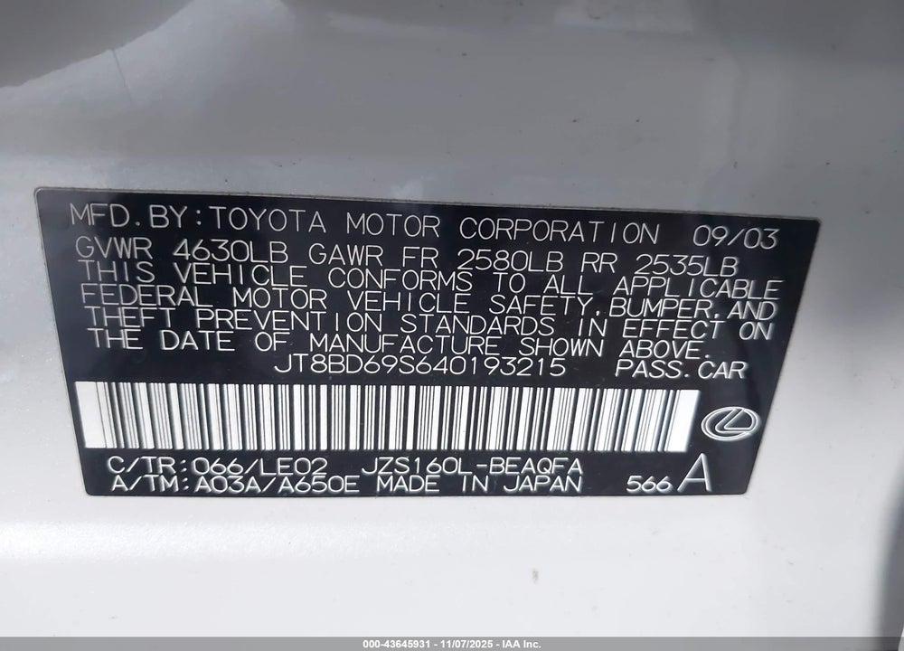 2004 LEXUS GS 300 VIN: JT8BD69S640193215