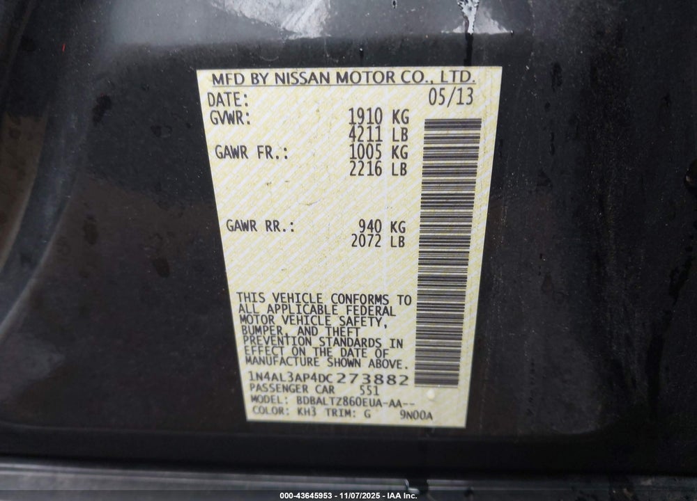 2013 NISSAN ALTIMA 2.5 SV VIN: 1N4AL3AP4DC273882
