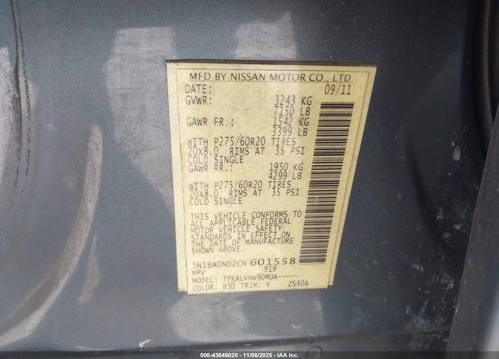 2012 NISSAN ARMADA SL VIN: 5N1BA0ND2CN601558