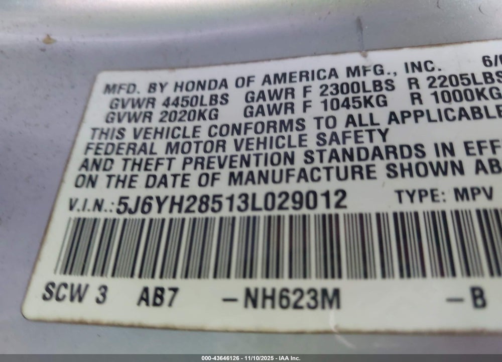 2003 HONDA ELEMENT EX VIN: 5J6YH28513L029012