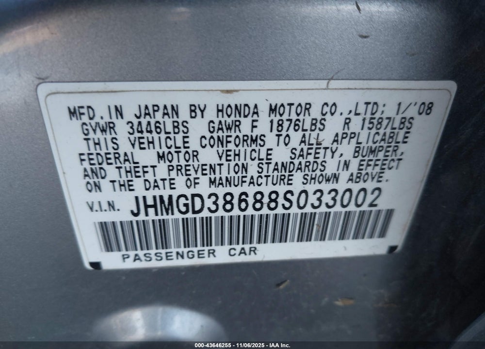 2008 HONDA FIT SPORT VIN: JHMGD38688S033002