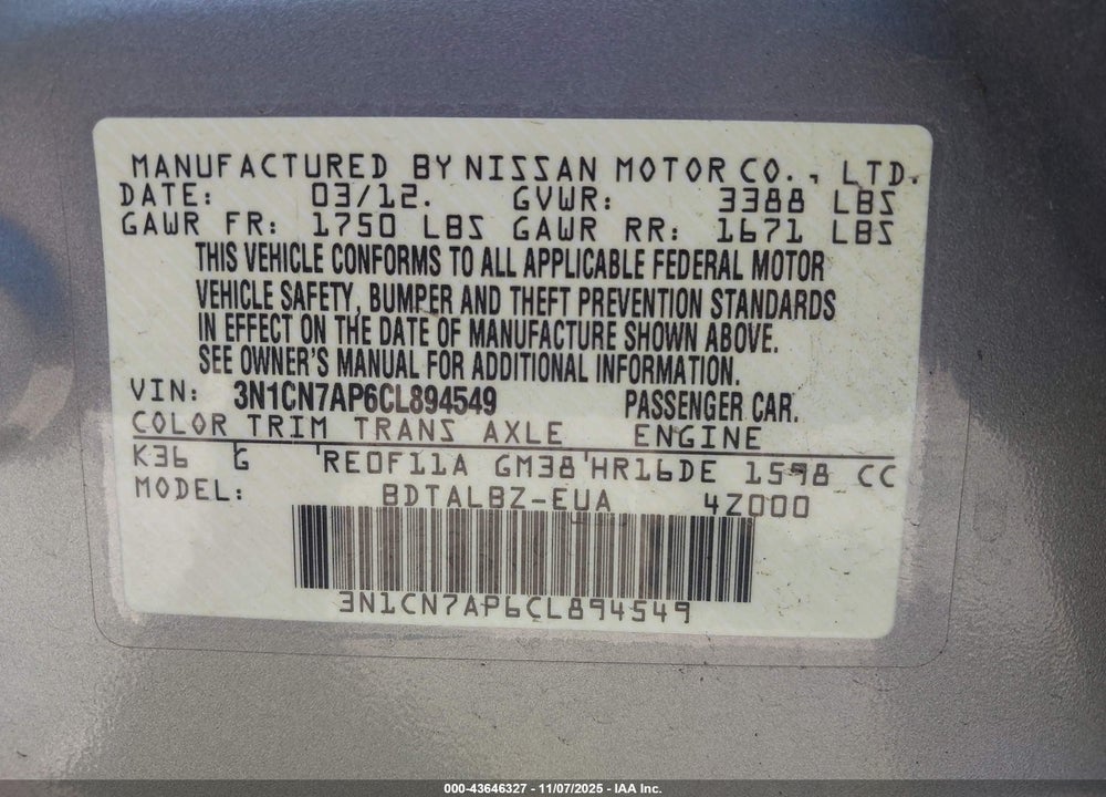 2012 NISSAN VERSA 1.6 SV VIN: 3N1CN7AP6CL894549