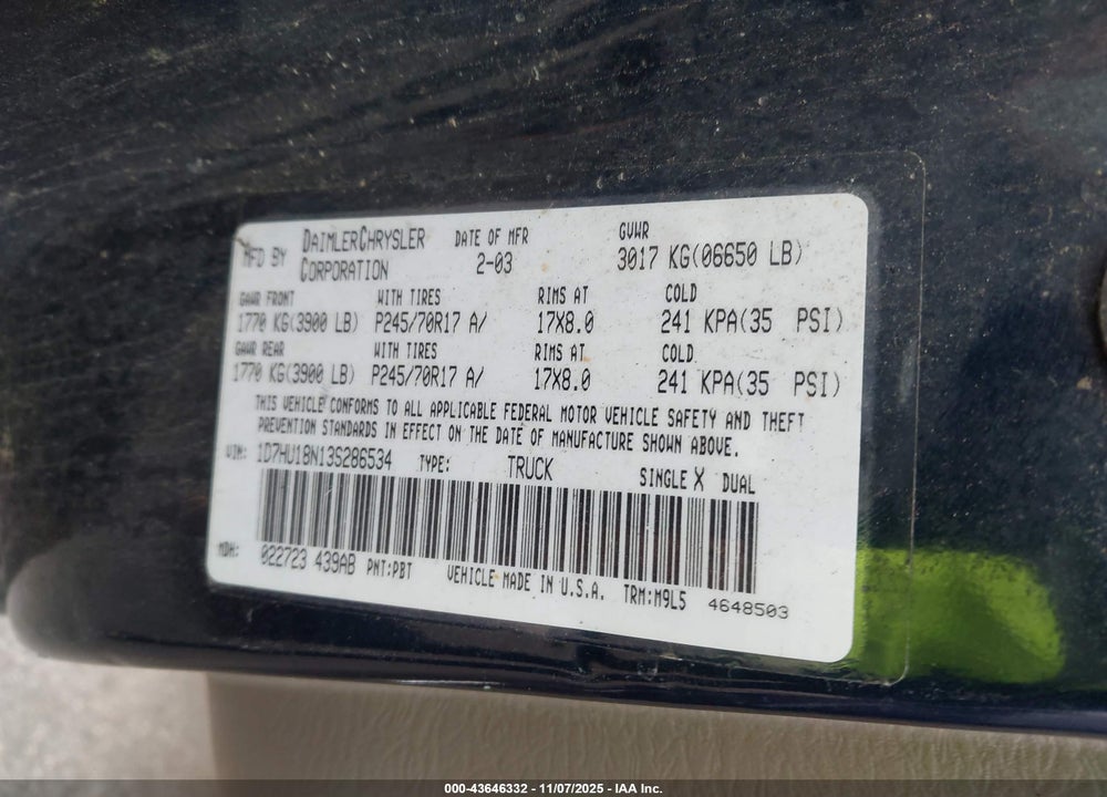2003 DODGE RAM 1500 SLT/LARAMIE/ST VIN: 1D7HU18N13S286534