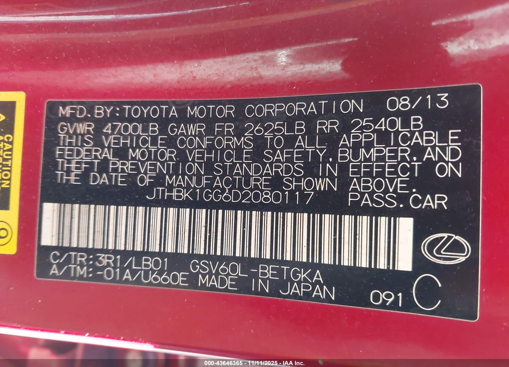 2013 LEXUS ES 350 VIN: JTHBK1GG6D2080117