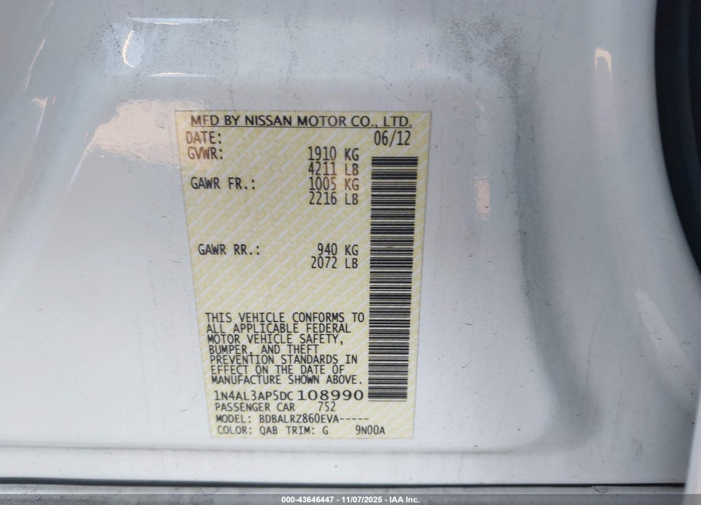 2013 NISSAN ALTIMA 2.5 S VIN: 1N4AL3AP5DC108990