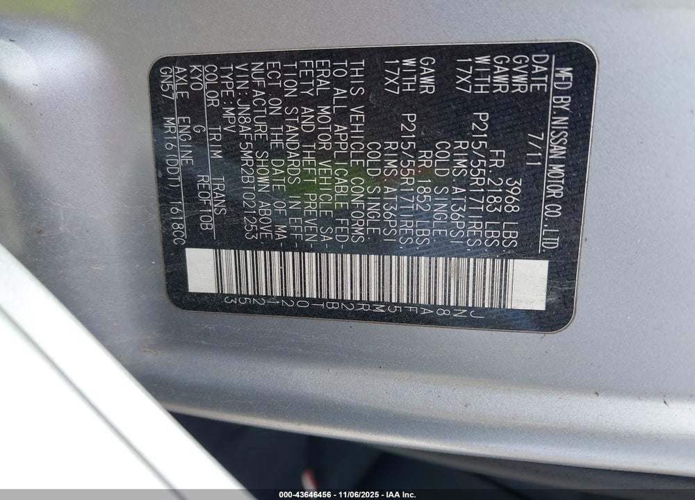 2011 NISSAN JUKE S VIN: JN8AF5MR2BT021253