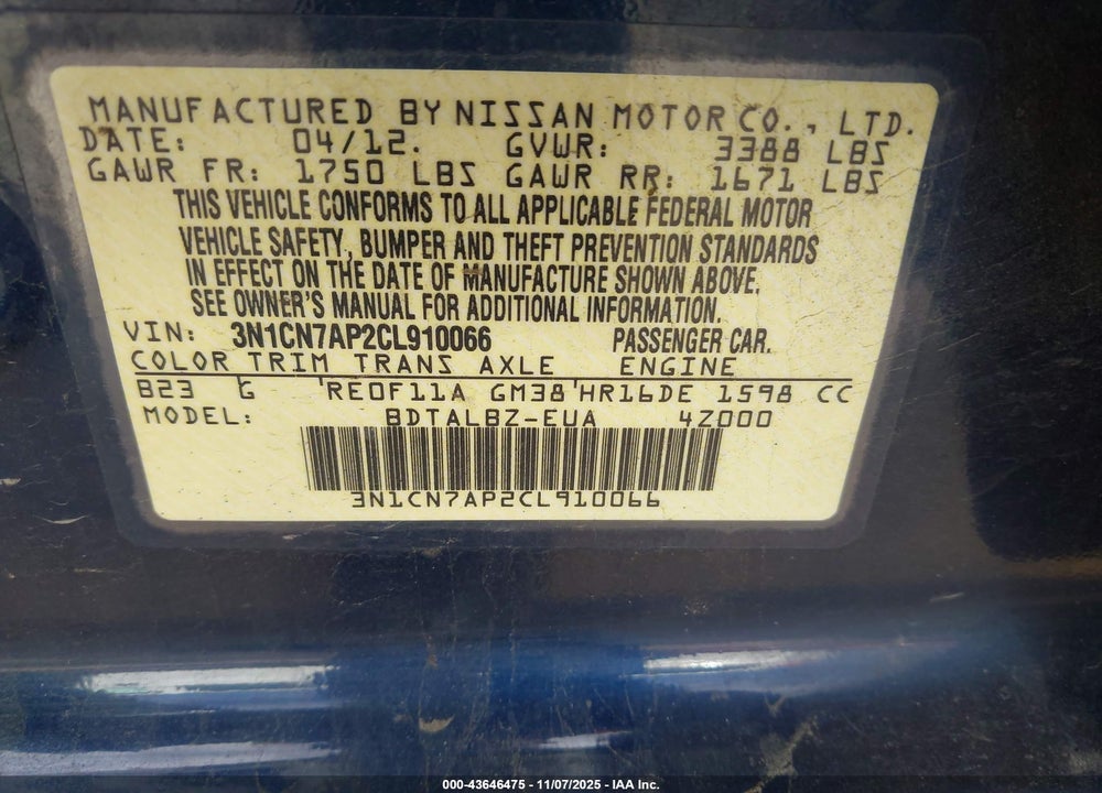 2012 NISSAN VERSA 1.6 SV VIN: 3N1CN7AP2CL910066