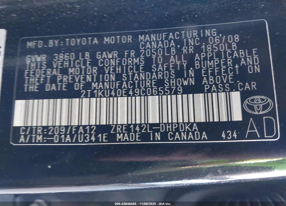 2009 TOYOTA MATRIX VIN: 2T1KU40E49C065579