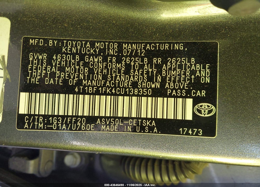 2012 TOYOTA CAMRY SE VIN: 4T1BF1FK4CU138350