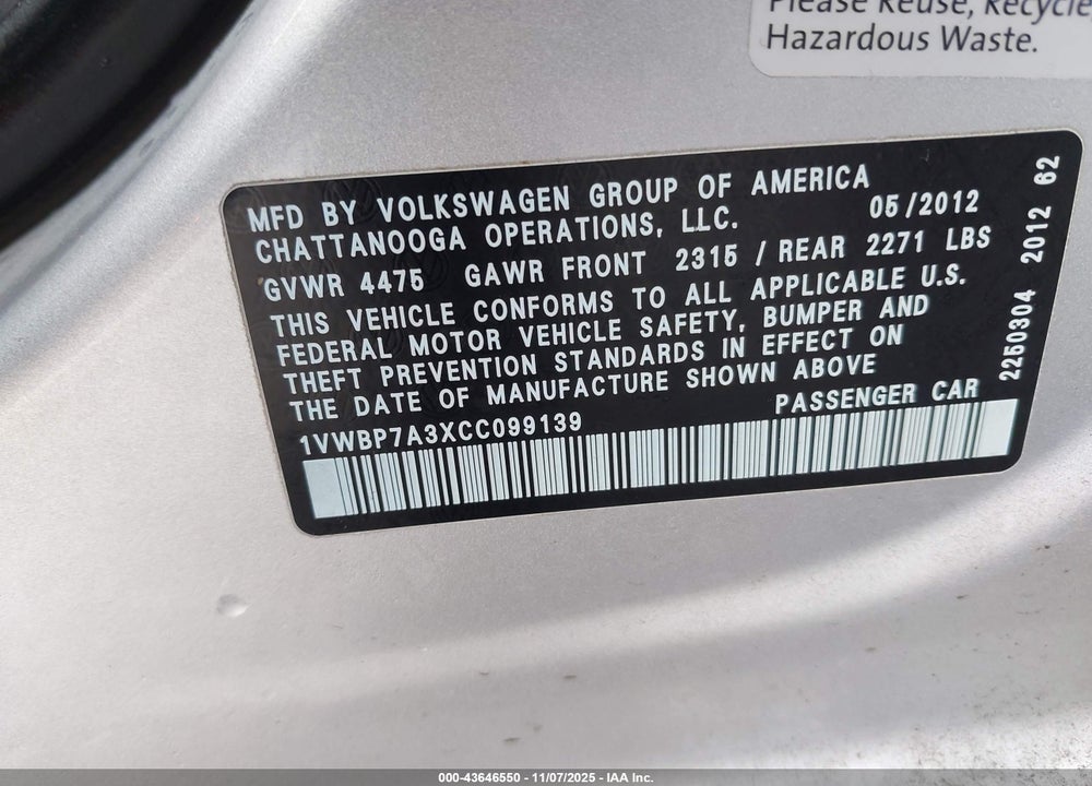 2012 VOLKSWAGEN PASSAT 2.5L SE VIN: 1VWBP7A3XCC099139