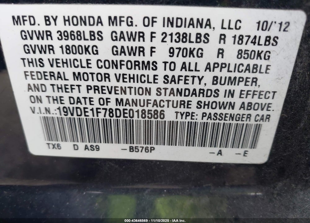 2013 ACURA ILX 2.0L VIN: 19VDE1F78DE018586