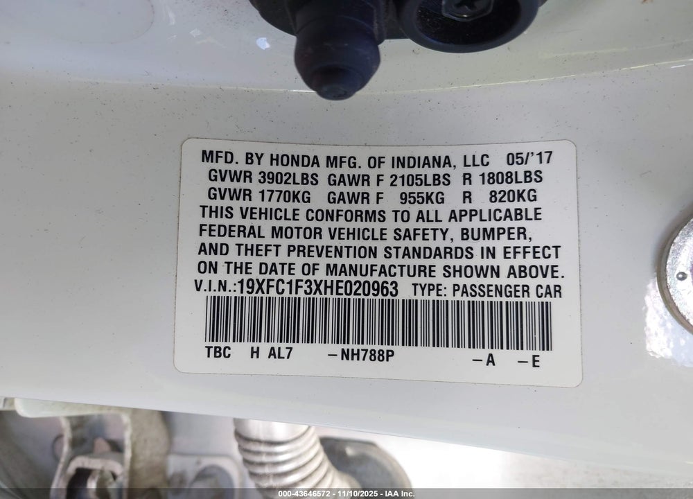 2017 HONDA CIVIC EX-T VIN: 19XFC1F3XHE020963