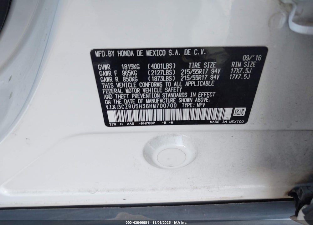 2017 HONDA HR-V LX VIN: 3CZRU5H36HM700700