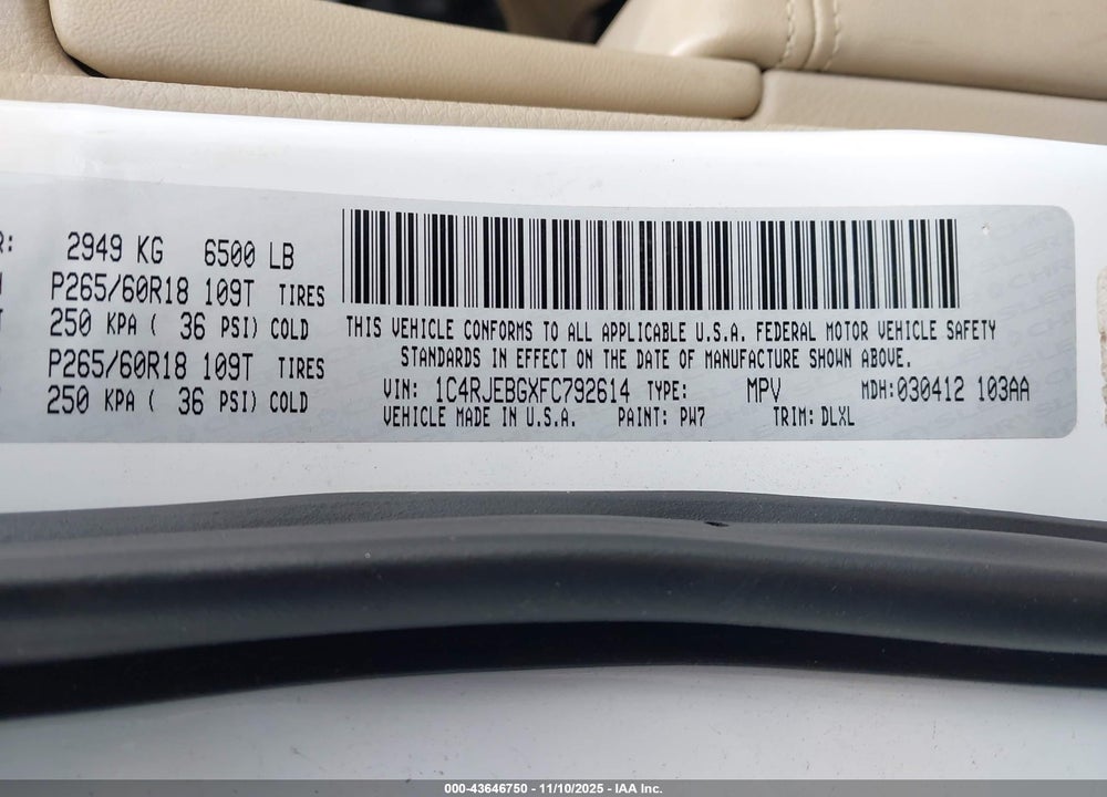 2015 JEEP GRAND CHEROKEE LIMITED VIN: 1C4RJEBGXFC792614