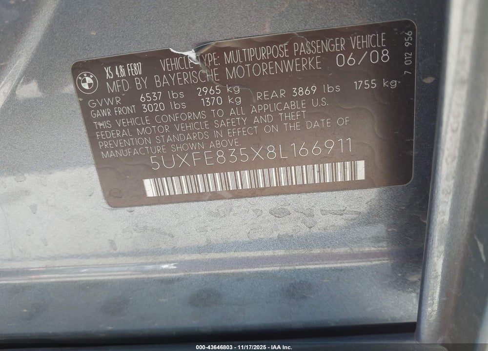 2008 BMW X5 4.8I VIN: 5UXFE835X8L166911