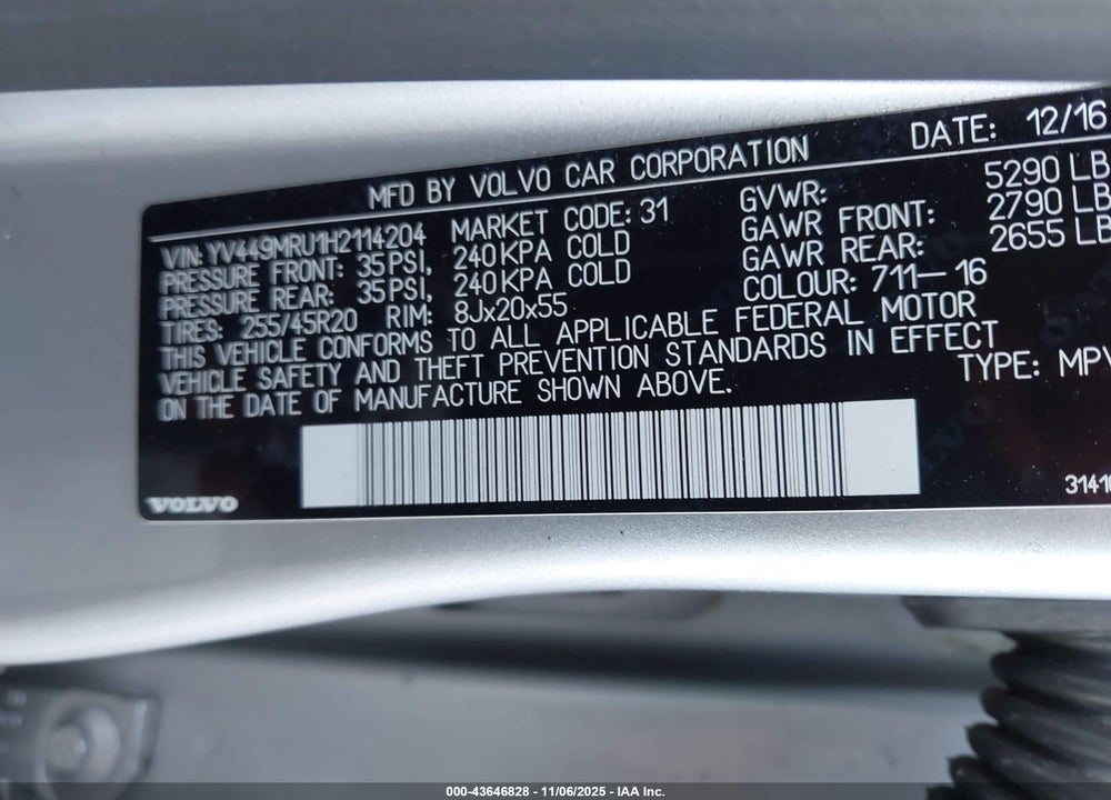 2017 VOLVO XC60 VIN: YV449MRU1H2114204