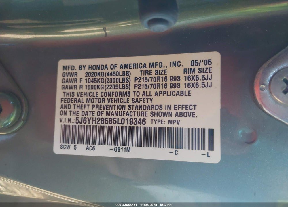 2005 HONDA ELEMENT VIN: 5J6YH28685L019346