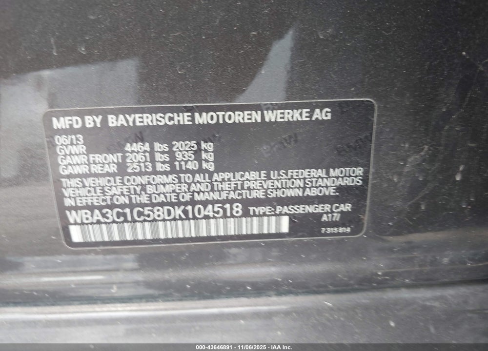 2013 BMW 328I VIN: WBA3C1C58DK104518
