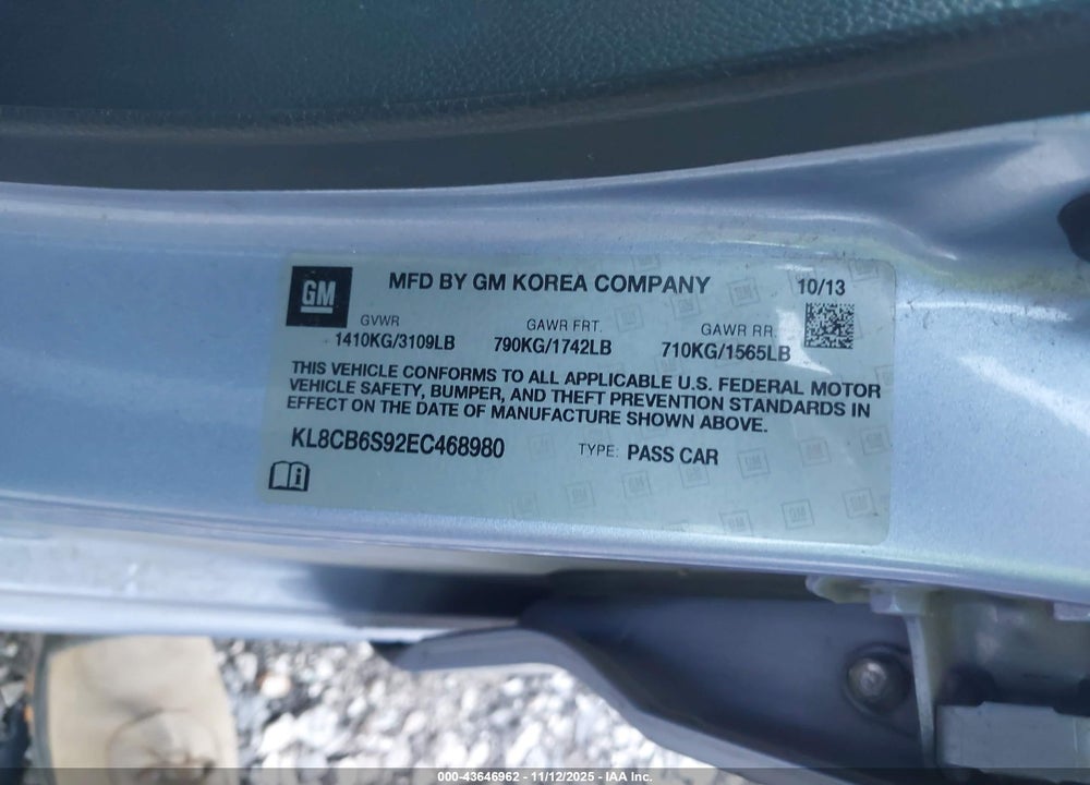 2014 CHEVROLET SPARK LS AUTO VIN: KL8CB6S92EC468980