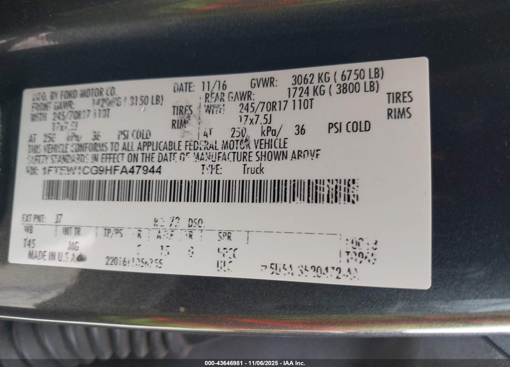 2017 FORD F-150 VIN: 1FTEW1CG9HFA47944