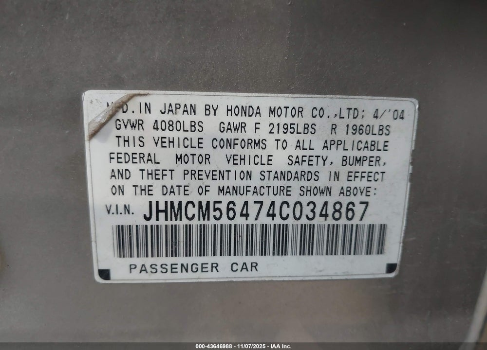 2004 HONDA ACCORD 2.4 LX VIN: JHMCM56474C034867