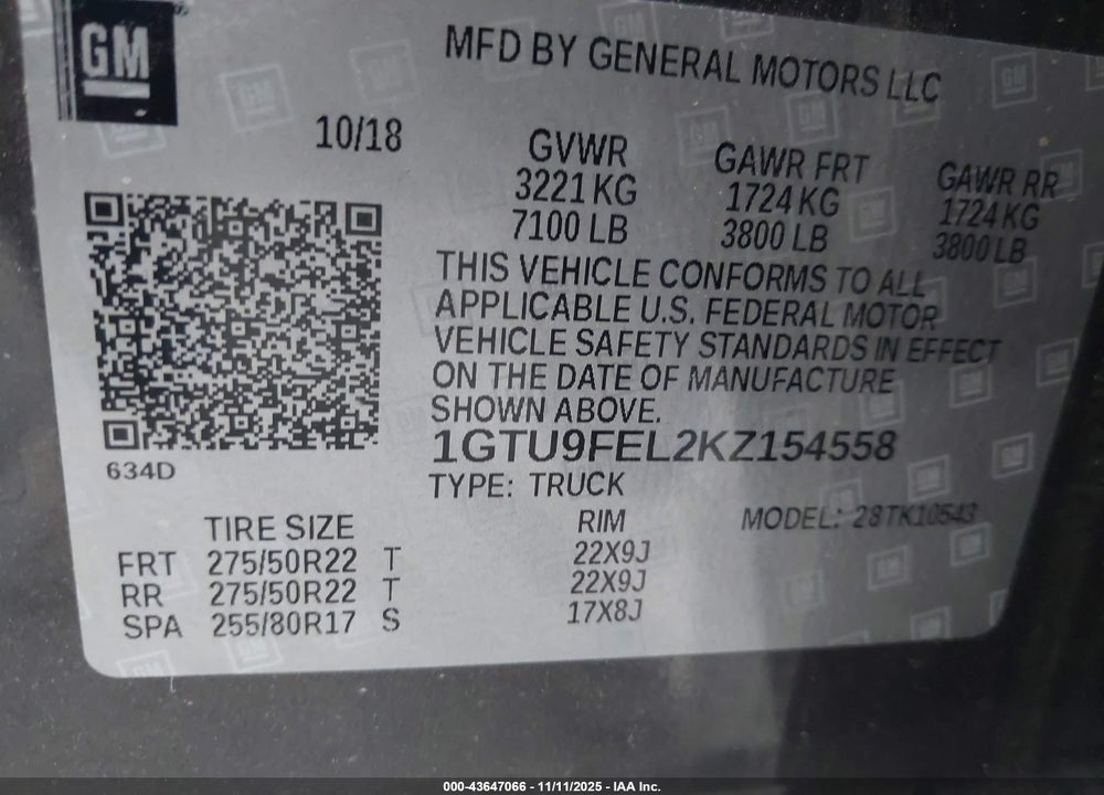2019 GMC SIERRA 1500 VIN: 1GTU9FEL2KZ154558