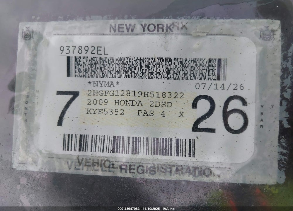 2009 HONDA CIVIC VIN: 2HGFG12819H518322