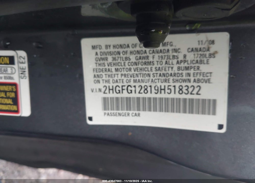 2009 HONDA CIVIC VIN: 2HGFG12819H518322