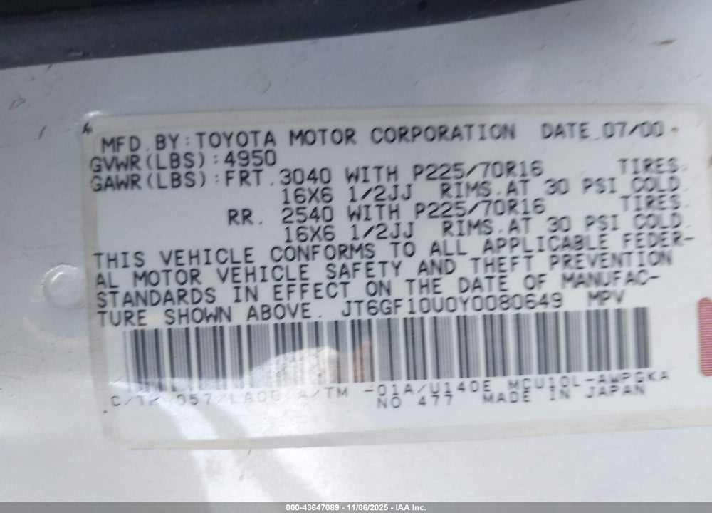 2000 LEXUS RX 300 VIN: JT6GF10U0Y0080649