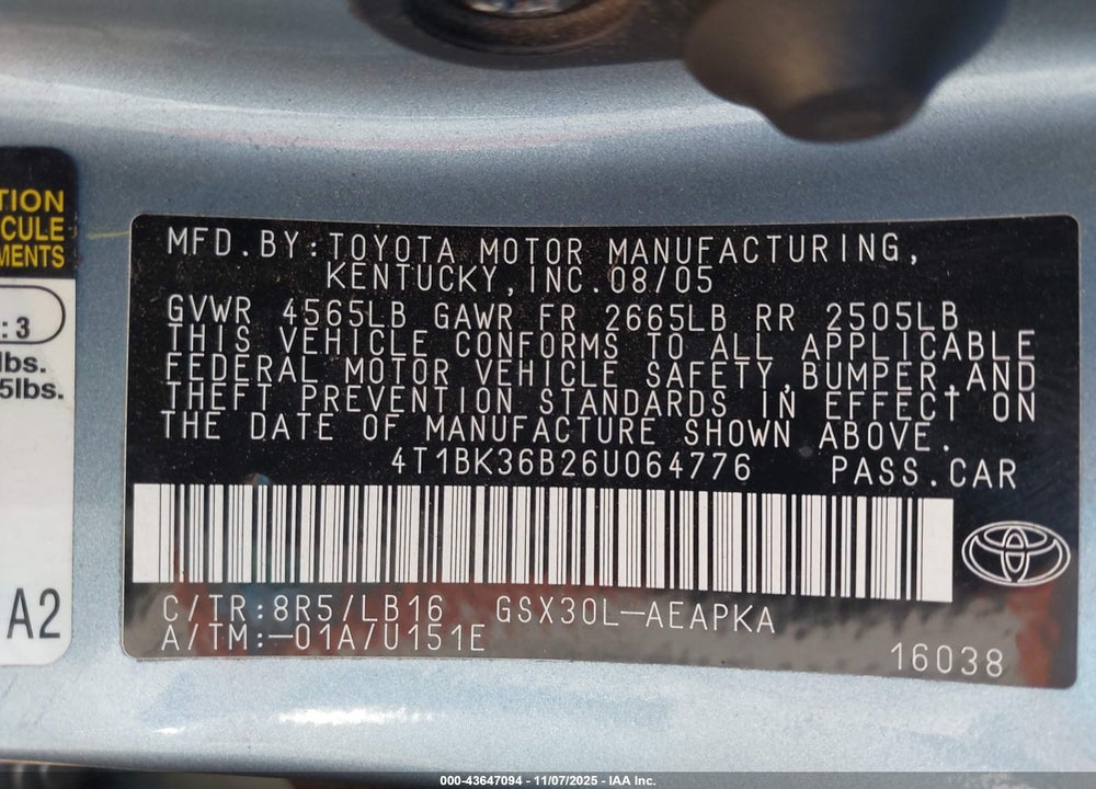 2006 TOYOTA AVALON LIMITED VIN: 4T1BK36B26U064776