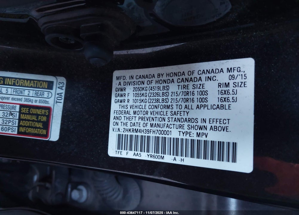 2015 HONDA CR-V LX VIN: 2HKRM4H39FH700001
