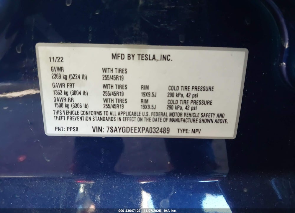 2023 TESLA MODEL Y AWD/LONG RANGE DUAL MOTOR ALL-WHEEL DRIVE VIN: 7SAYGDEEXPA032489