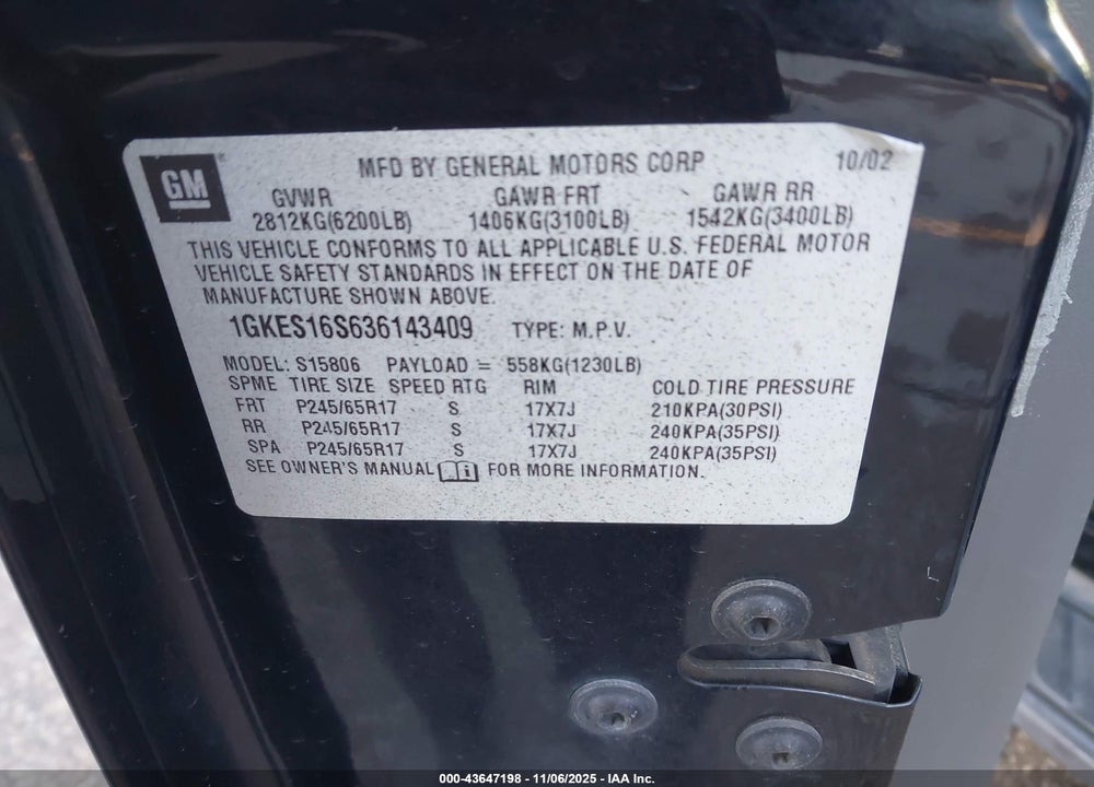 2003 GMC ENVOY XL SLT VIN: 1GKES16S636143409