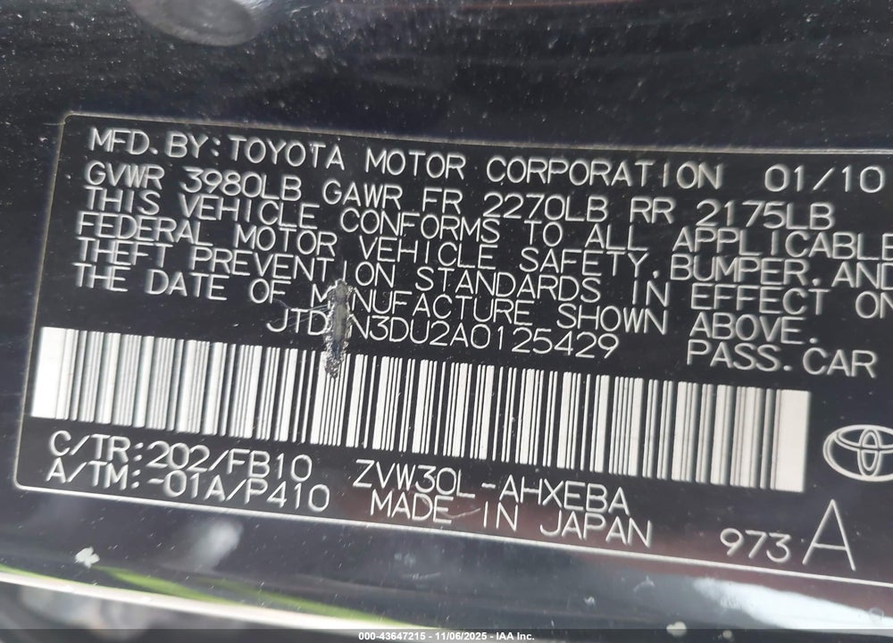 2010 TOYOTA PRIUS II VIN: JTDKN3DU2A0125429