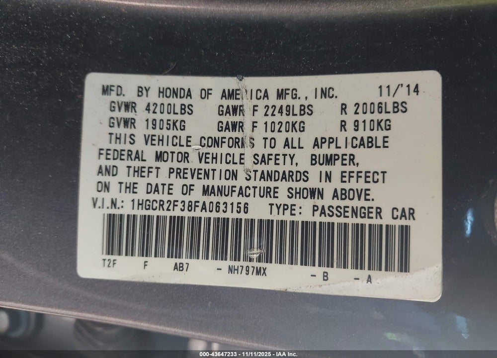 2015 HONDA ACCORD LX VIN: 1HGCR2F38FA063156