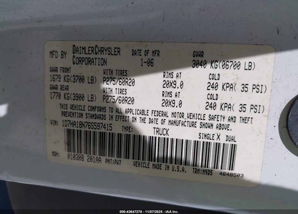 2006 DODGE RAM 1500 SLT VIN: 1D7HA18N76S597415