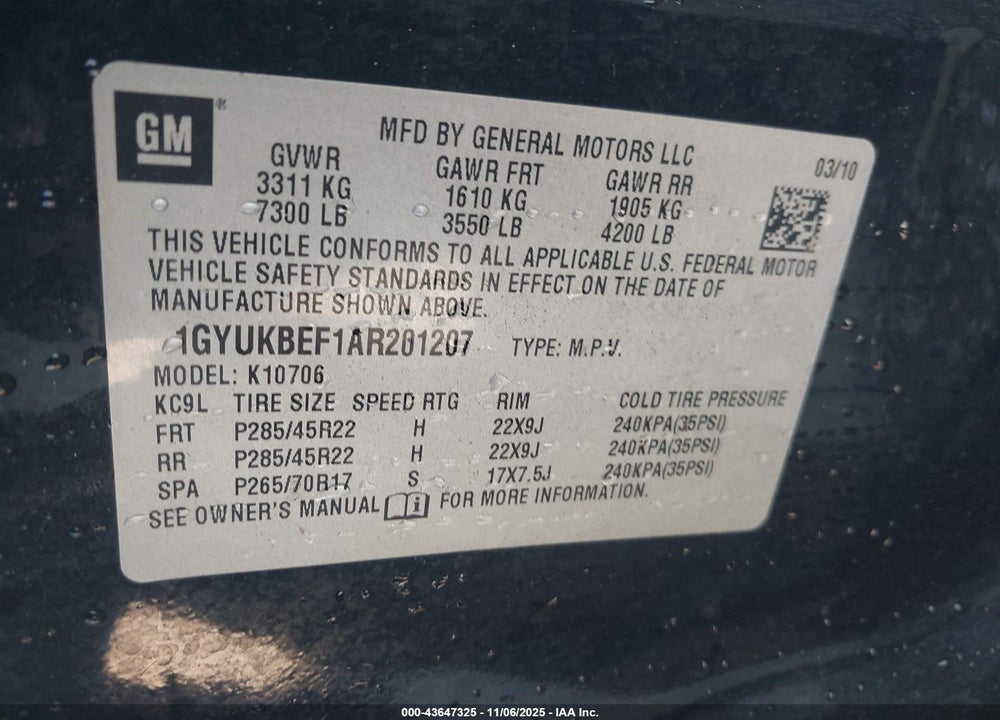 2010 CADILLAC ESCALADE LUXURY VIN: 1GYUKBEF1AR201207