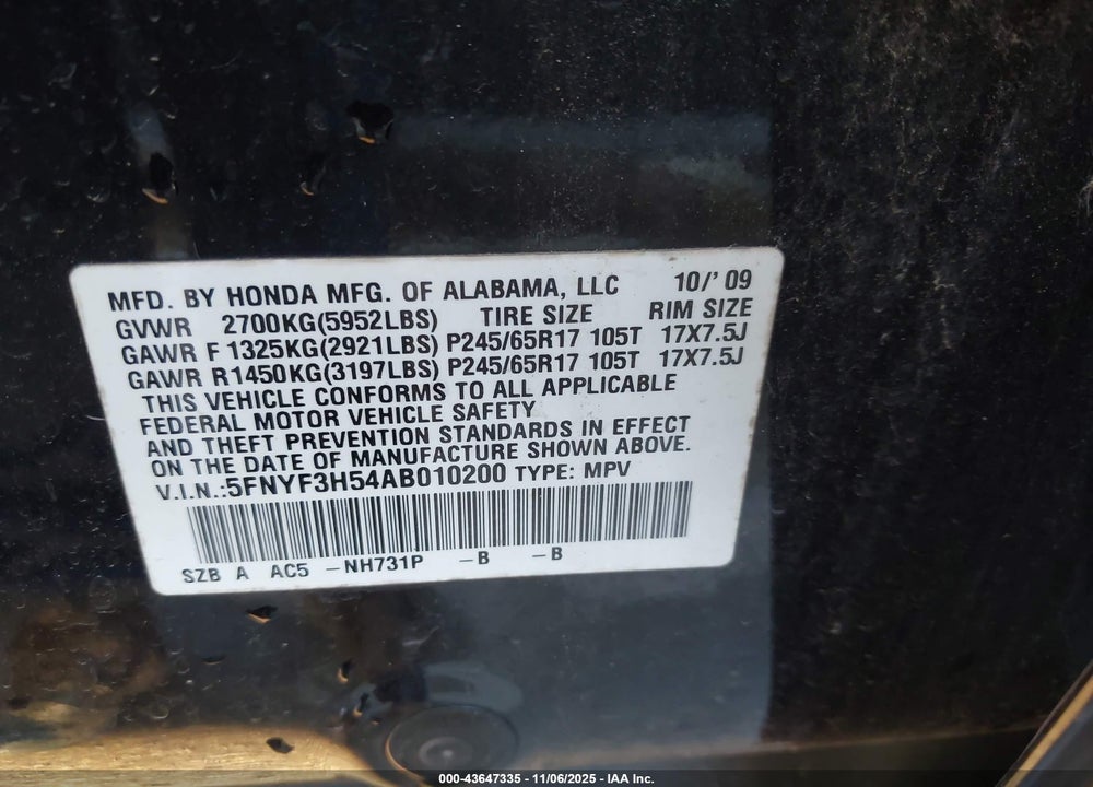 2010 HONDA PILOT EX-L VIN: 5FNYF3H54AB010200