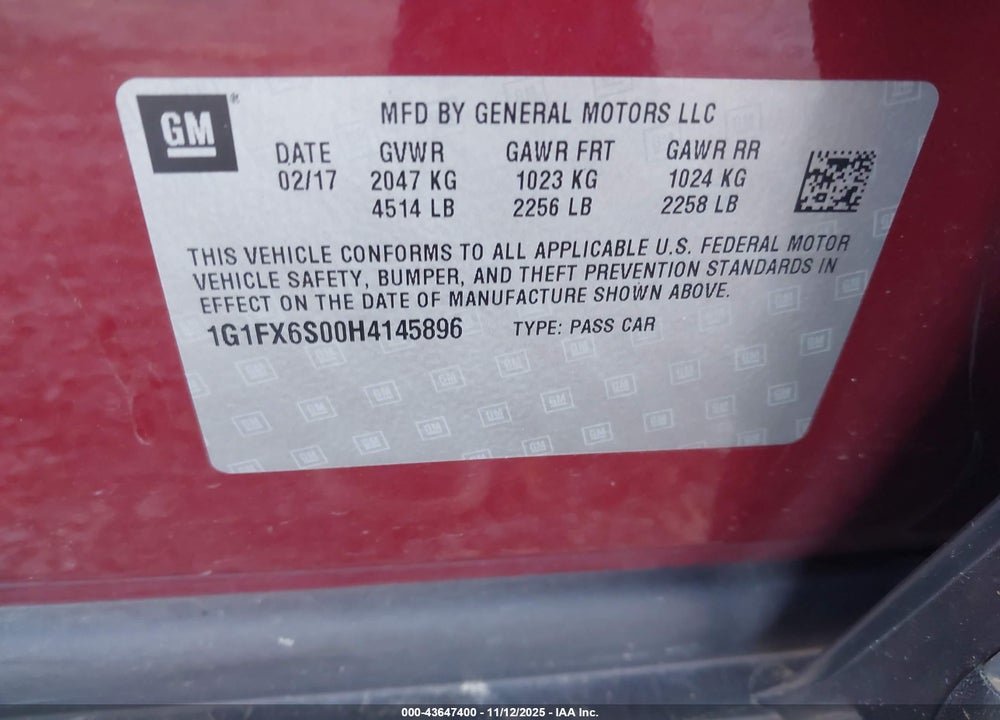 2017 CHEVROLET BOLT EV PREMIER VIN: 1G1FX6S00H4145896