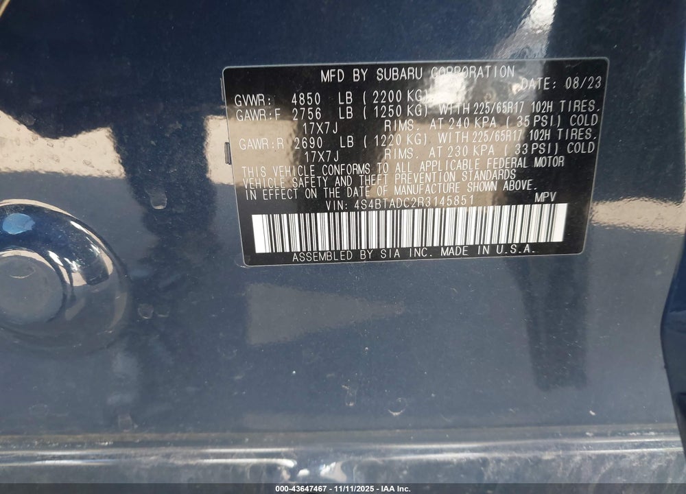 2024 SUBARU OUTBACK VIN: 4S4BTADC2R3145851