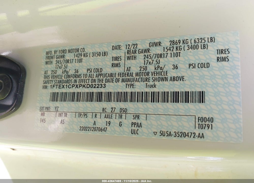 2023 FORD F-150 VIN: 1FTEX1CPXPKD02233