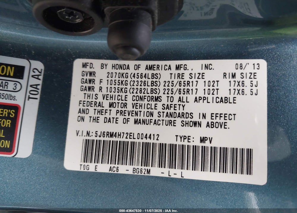 2014 HONDA CR-V EX-L VIN: 5J6RM4H72EL004412